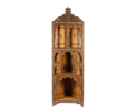 Islamic Art A wooden marquetry corner shelf inlaid with mother-of-pearl, ivory and bone Ottoman empire, 19th century . . Cm 6