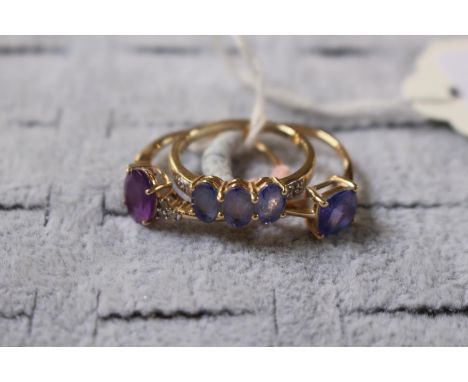 3 Ladies Amethyst set rings 7g total weight Size R 