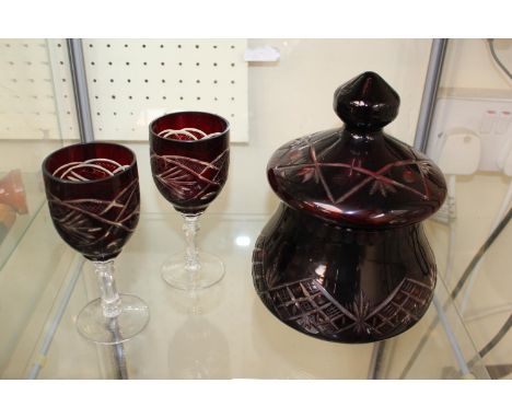 20thC Bohemian Ruby Glass lidded biscuit barrel and a Pair of glasses 