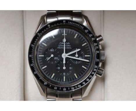 Omega Speedmaster Professional 'Moon Watch' stainless steel chronograph bracelet watch embossed with NASA moon landing tribut