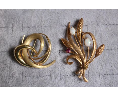9ct Gold Opal and Ruby set Brooch and a 9ct Gold Scroll Brooch 14g total weight 