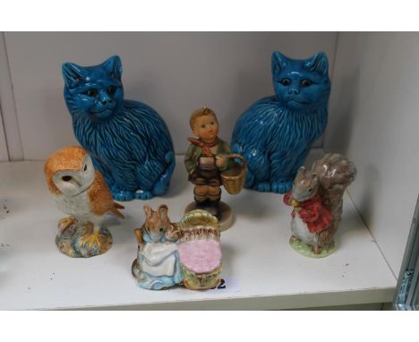 Pair of Chinese Turquoise Cat Ornaments, Beswick Beatrix Potter figures and a Hummel figure of Boy 