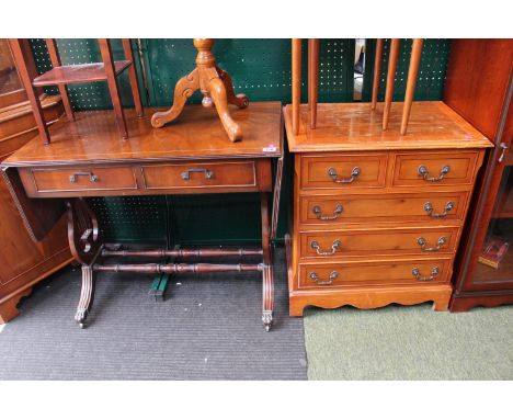 20thC Reproduction Sofa table on Harp supports and brass paw casters and a reproduction chest of 2 over 3 drawers 