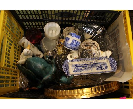 Box of assorted Ceramics and bygones inc. Spode, Blue Mountain etc 