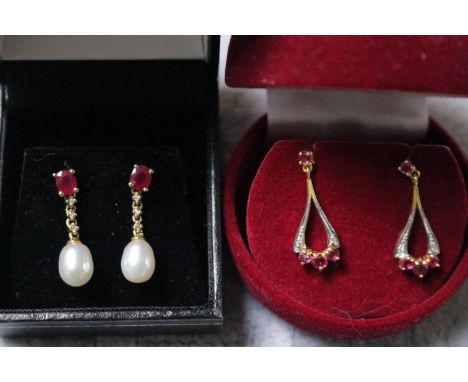 Pair of 9ct Gold Ruby and Pearl set drop earrings and another Pair of 9ct Gold earrings 