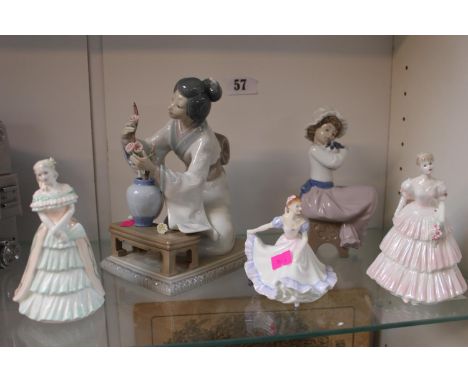 Lladro figure of a Geisha flower arranging, Nao figure and 3 Royal Doulton and other figures 