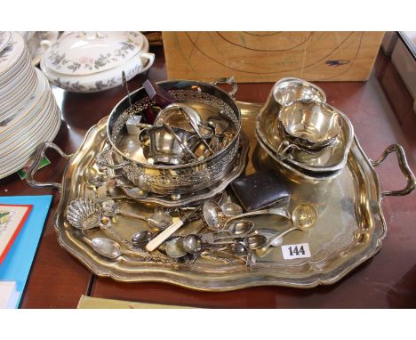 Large Silver plated two handled tray with assorted Silver plated tableware and Flatware 