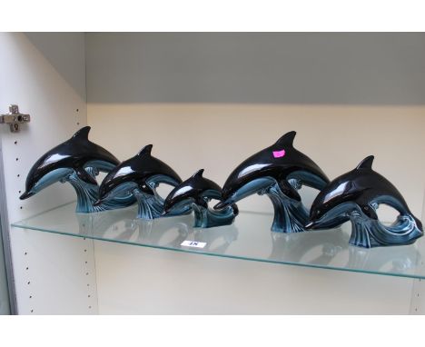 Set of 5 Poole Pottery Dolphins of assorted sizes with printed marks to base 
