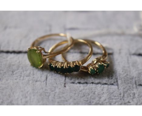 3 Ladies 9ct Gold Emerald and Peridot set rings 7g total weight. Size R 