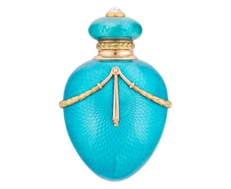 A FABERGE GOLD-MOUNTED AND JEWELLED ENAMEL SCENT FLASK, ST. PETERSBURG, 1899-1908with scratch inventory number 27977, maker`s