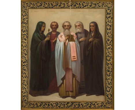 A RUSSIAN ICON OF SELECT SAINTS WITH KIOT, 19TH CENTURYfive holy figures shown gathered in line: Saint Martyr Alexander and S