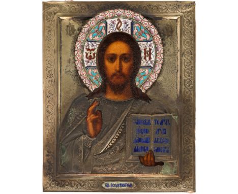 A RUSSIAN ICON OF CHRIST PANTOCRATOR WITH GILDED SILVER AND CLOISONNE ENAMEL OKLAD, MARKED AMM, 1899-1908the oklad chased and