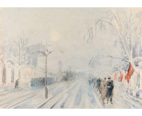 OLGA KONSTANTINOVNA DEINEKO (RUSSIAN 1897-1970)In Wartime, 1942watercolor on paper30.1 x 42.3 cm (11 7/8 x 16 5/8 in.)signed,
