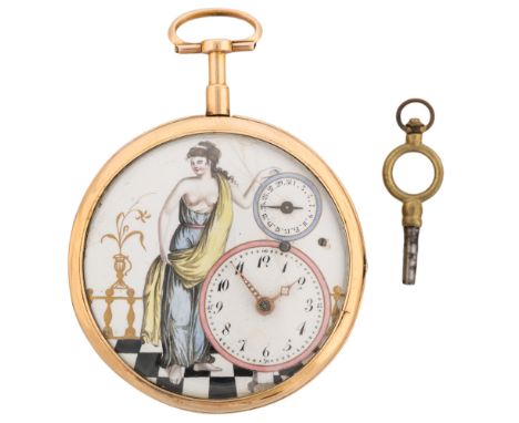 MEURON &amp; COMP, NEUCHATEL, 18K GOLD VERGE POCKET WATCH WITH PAINTED ENAMEL DIAL, CASE NO.4572, CIRCA 1820-185518k gold ver