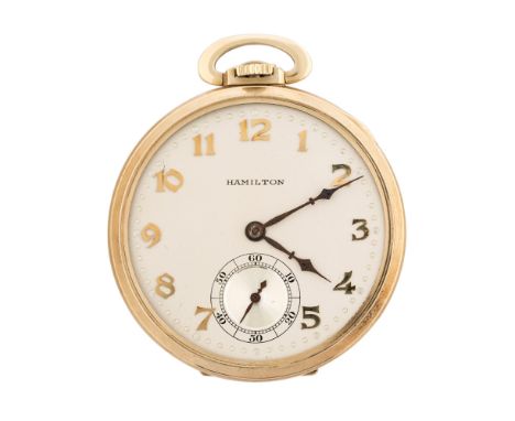 HAMILTON, LANCASTER 14K GOLD POCKET WATCH14k yellow gold open-face pocket watch with a platinum colored dial, gold Arabic mar