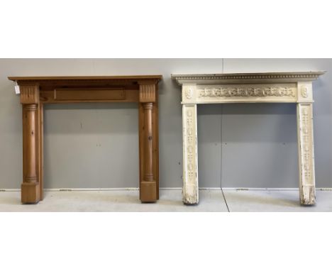 An 18th century style painted pine fire surround and one other, larger width 138cm, height 116cm. Condition - fair Larger one