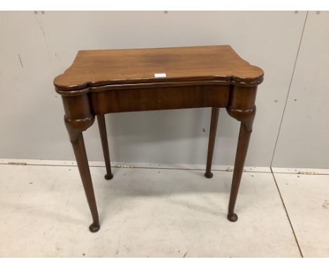 A George II style mahogany folding card table, width 75cm, depth 38cm, height 76cm. Condition - fair to good Provenance: Cons