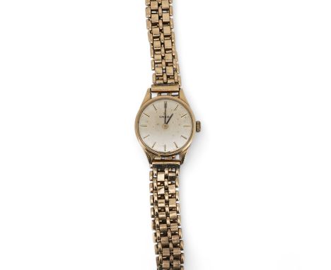 A lady's 9ct gold Omega manual wind wrist watch, with baton numerals, case diameter 20mm, on an associated 9ct gold bracelet.
