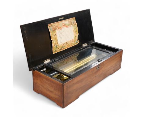 A late 19th century Swiss rosewood ten air cylinder music box, with inlaid lid decorated with musical instruments and foliage