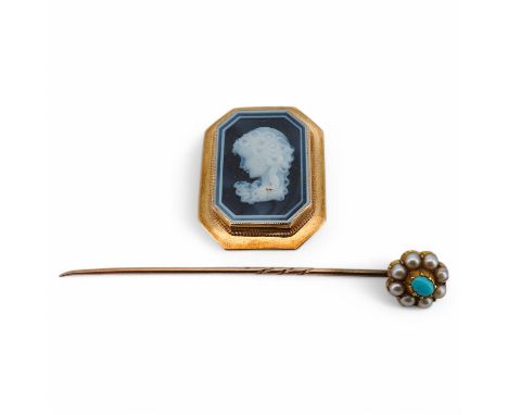 A 20th century yellow metal mounted cameo jasper ceramic octagonal brooch, 31mm, together with an early 20th century yellow m