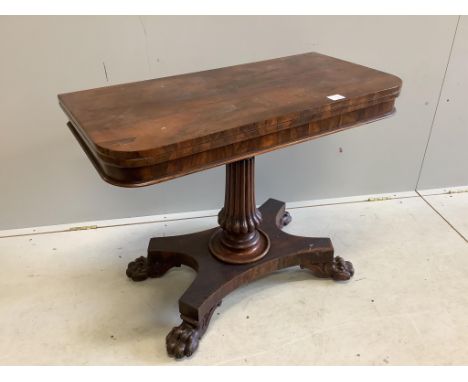 An early Victorian rectangular rosewood folding card table, width 91cm, depth 46cm, height 71cm. Condition - fair