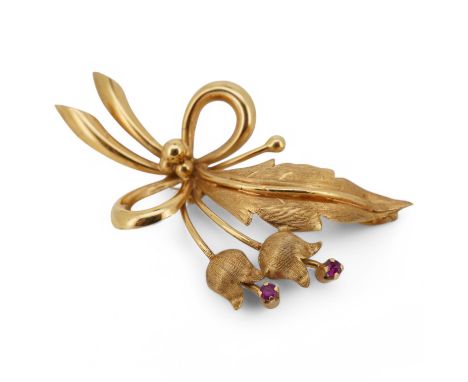 A modern 18k and two stone ruby set foliate spray brooch, 50mm, gross weight 6.7 grams. Condition - fair to good