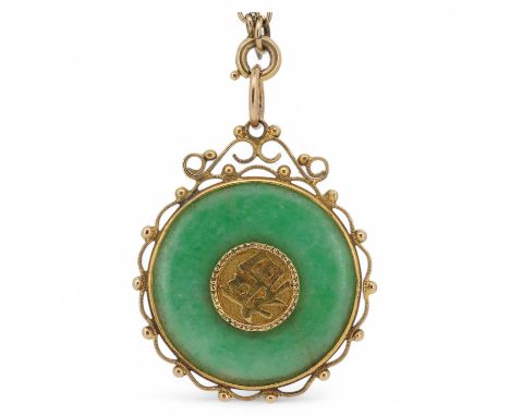 A Chinese yellow metal mounted carved jade 'Shou Fu' pendant, 36mm, on a gilt metal chain. Condition - fair to good