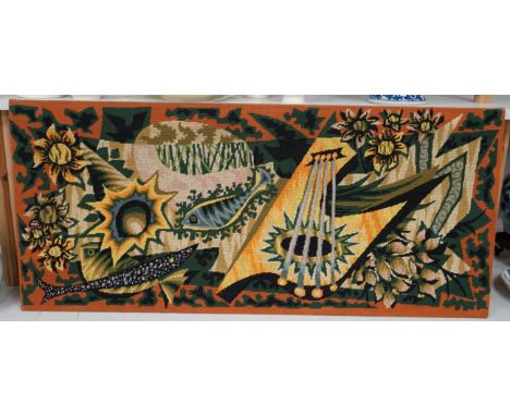 Attributed to Jean Picart Le Doux (1902-1982), 'Paysage avec tournesols et poissons' embroidered needlework tapestry, 48 x 10
