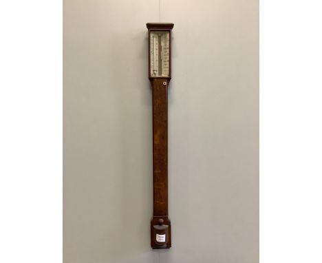 A Victorian Negretti and Zambra oak stick barometer and thermometer, with engraved bone dial, height 97cm. Condition - fair