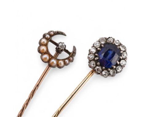 A late Victorian yellow metal, blue paste and diamond cluster set stick pin, 68mm, together with a 15ct, diamond and seed pea