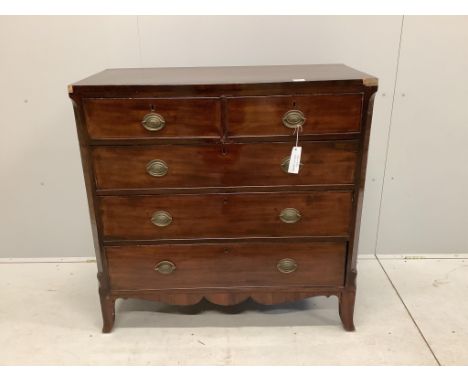 An early Victorian crossbanded mahogany chest of two short and three long drawers, with brass oval loop handles, width 105cm,