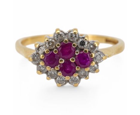 A ruby and diamond ring, designed as a lozenge-shaped cluster, set with four circular-cut rubies within a border of circular-