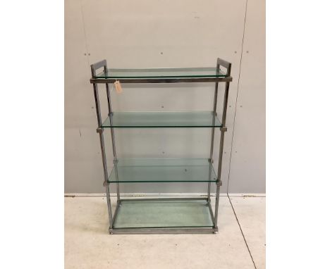 A chrome and glass four tier shelf unit, width 86cm, depth 38cm, height 130cm. Condition - fair