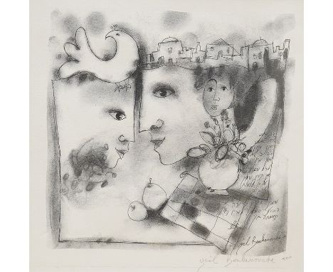 Yoel Benharrouche (Israeli, b.1963), etching, surreal composition, Figures and bird, signed in pencil, 27 x 27cm. Condition -