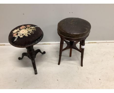 A Regency mahogany circular adjustable piano stool and a Victorian beech and cast iron piano stool. Condition - poor to fair