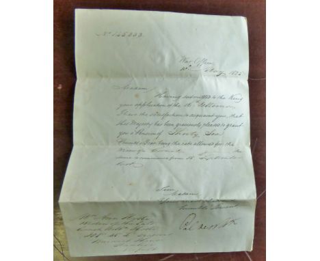 Norfolk-1825 War office grant by His majesty of a pension for a widow of a Coronate - the late William Hoste, 21st light Drag