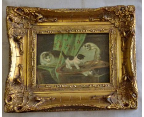Delightful picture of three cats playing -Gold wood frame 9"x11" in frame, this has been restored by Carvers of England.