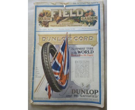 Field The Country Gentleman's Newspaper 1923 October 11th front cover colour Dunlop advertisement some edge damage