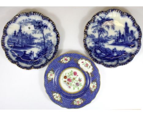 Two fine mid 19th Century blue and white porcelain plates depicting palace scenes together with a 19th Century Spode cabinet 