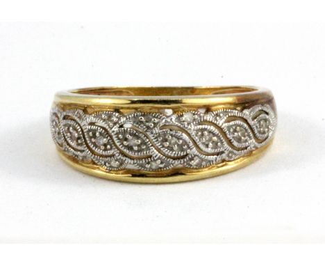 A 9ct yellow gold (worn mark) diamond set ring, (O).