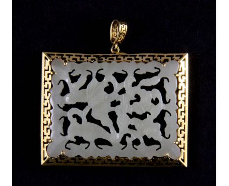 A fine Chinese carved white jade panel set into a yellow metal (tested high carat gold) pendant mount. W.5cms