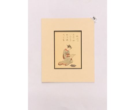 An unframed Japanese print of Kabuki after the designs of Harunobu (1724 - 1770) hand printed from original woodblocks in Jap