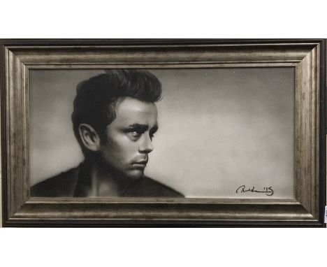 Paul Karslake, (contemporary British) framed oil on canvas portrait of James Dean, 73 x 43cm.