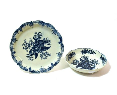 A Worcester Porcelain Cress Dish and Stand, circa 1775, of shaped circular form, printed in underglaze blue with the Pine Con