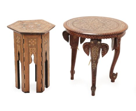 An Early 20th Century Damascus Mother-of-Pearl and Parquetry Hexagonal Occasional Table, the top inlaid with star motifs, 33c