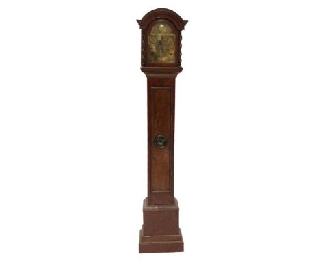 A Walnut Small Striking Longcase Clock, early 20th century, arched pediment, barley twist columns, side glass panels, trunk d