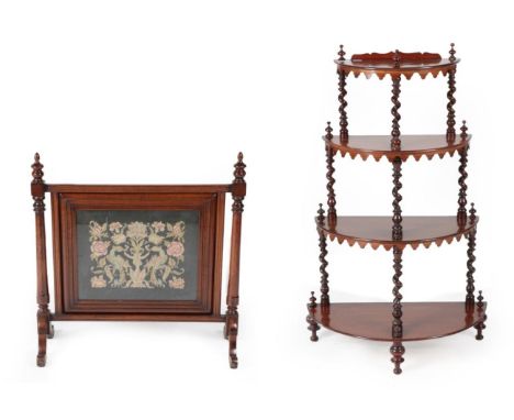 ^ A Victorian Mahogany Four-Tier Whatnot, circa 1870, of D shape graduated form with spiral turned supports and turned feet, 