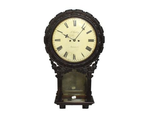 ~ A Victorian Mahogany Striking Drop Dial Wall Clock, signed S.Bailey, Newcastle, circa 1850, carved wooden bezel surround, s