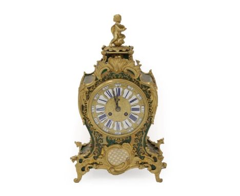 A Faux Green Tortoiseshell Striking ''Boulle'' Mantel Clock, circa 1890, surmounted by a seated infant, gilt metal scroll mou