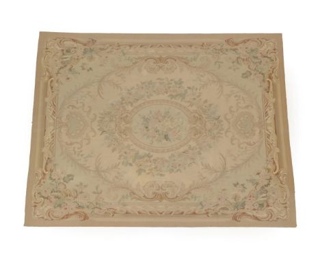 Chinese Aubusson Carpet, modern The cream field of scrolling acanthus leaves centred by an oval floral medallion enclosed by 